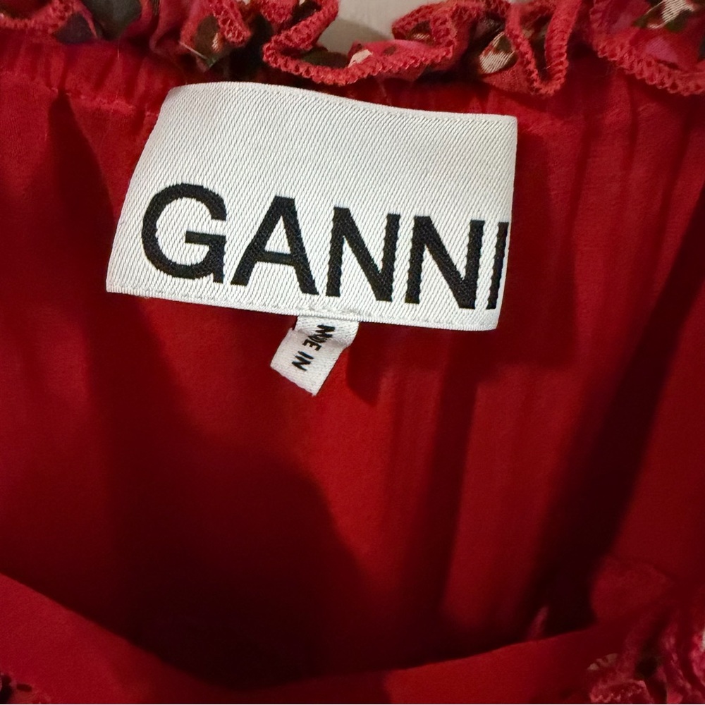 GANNI Pleated Raffled Georgette Flounce Strap, Red Floral Midi Dress Size 36 (S) - Picture 5 of 10
